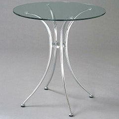 ガラステーブルシリーズ円天板（ガラスクリアー）脚・アルミダイキャスト 天板径730×ベース幅570×足間隔410×高さ695(mm)  品番：GR-400 脚：鏡面仕上げ