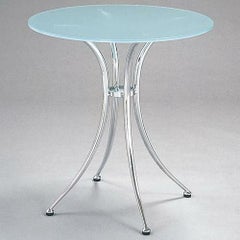 ガラステーブルシリーズ円天板（ガラスエッチング）脚・アルミダイキャスト 天板径730×ベース幅570×足間隔410×高さ695(mm)  品番：GR-400 脚：鏡面仕上げ