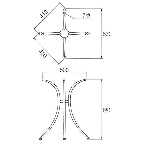 ガラステーブルシリーズ円天板（ガラスクリアー）脚・アルミダイキャスト 天板径650×ベース幅570×足間隔410×高さ695(mm)  品番：GR-401 脚：鏡面仕上げ